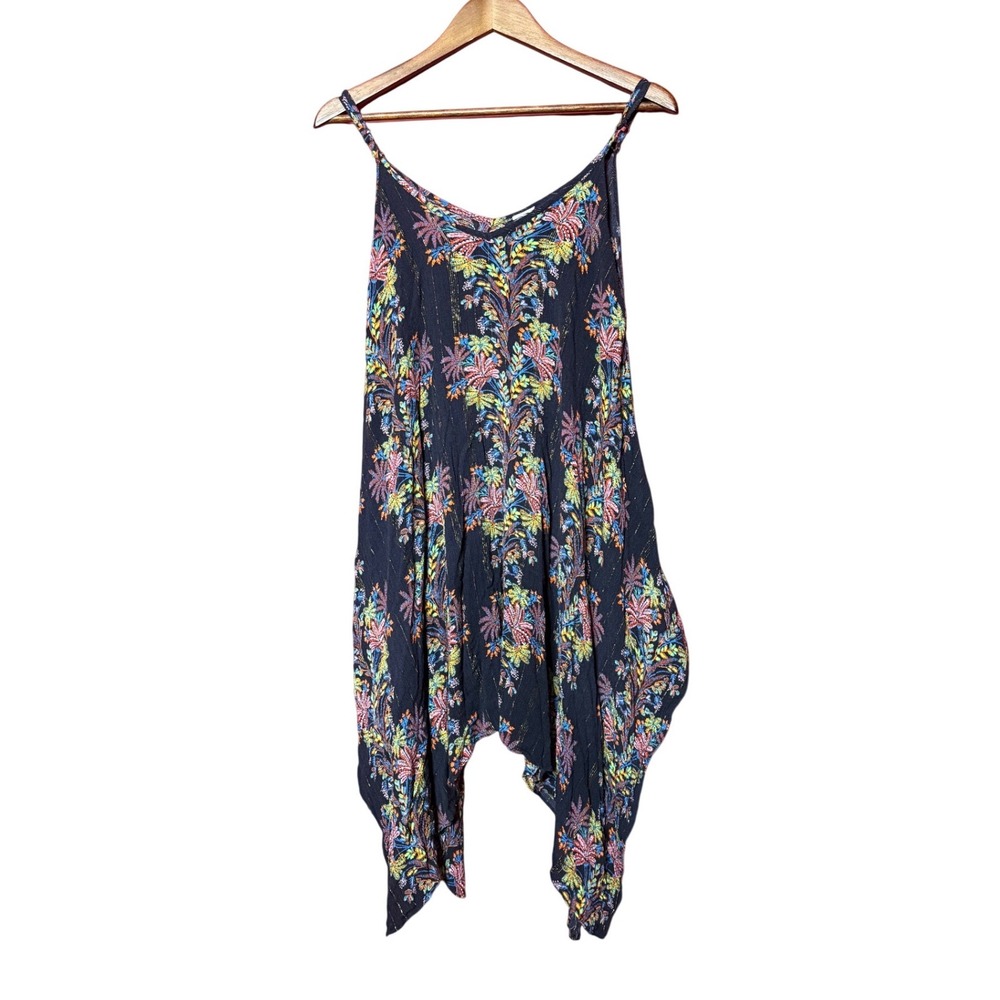 Unbranded Women NA Tropical Sharkbite Hem‎ Navy Blue Gold Metallic Boho Sun Top